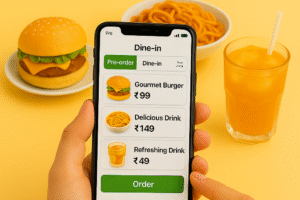 UGGISO food ordering app on phone with burger and drinks in background.