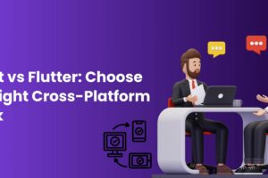 Two professionals discussing cross-platform app development with React and Flutter, symbolizing technology decision-making.