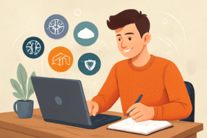 Featured image showing an individual learning digital skills in front of a laptop with icons for AI, cloud computing, and cybersecurity hovering over the screen.