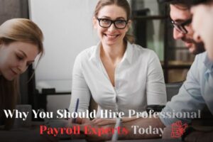 Smiling payroll expert working with a business team during a meeting.