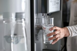 Woman filling water using hot water dispenser