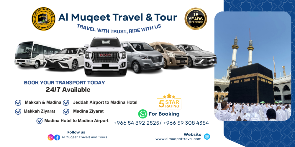 Traveling from Makkah to Madinah is a journey filled with peace, spirituality, and devotion. Every year, millions of pilgrims and visitors make this sacred trip, seeking comfort and convenience on their way between the two holy cities. Choosing the right Makkah to Madinah taxi service ensures a safe, smooth, and relaxing experience during this blessed journey. Why Choose a Taxi from Makkah to Madinah? Traveling between Makkah and Madinah covers a distance of around 450 kilometers, typically taking about 4 to 5 hours by road. Many travelers prefer taxis over buses or group transport because of the flexibility, comfort, and privacy they offer. With a Makkah to Madinah taxi, you can travel according to your own schedule, stop along the way for rest, prayers, or sightseeing, and enjoy a personalized journey without the stress of public transportation. A private taxi also provides direct pick-up and drop-off services, making it ideal for families, groups, or elderly passengers. Whether you’re visiting after performing Umrah or planning to explore the historical landmarks in Madinah, a dedicated taxi ensures you reach safely and comfortably. Comfort and Convenience You Deserve Modern taxi services between Makkah and Madinah are designed to make your trip as pleasant as possible. Vehicles are equipped with comfortable seating, air conditioning, and professional drivers familiar with the route and safety standards. Many taxi providers also offer various vehicle options—from economy cars to luxury SUVs—based on your budget and group size. Booking a Makkah to Madinah taxi gives you the freedom to choose departure times, select your preferred vehicle type, and enjoy door-to-door service. This convenience is especially valuable for families traveling with children, elderly passengers, or those with extra luggage after Umrah. Affordable and Transparent Pricing The Makkah to Madinah taxi service by Al Muqeet Travel offers affordable rates without compromising on comfort or quality. Prices vary depending on vehicle type, number of passengers, and the level of luxury chosen. Transparent pricing means there are no hidden charges—what you see is what you pay. Many visitors appreciate knowing their Makkah to Madinah taxi fare upfront so they can plan their trip accordingly. Whether you’re traveling solo, with family, or as part of a group, you’ll find flexible options to fit your needs and budget. Professional and Reliable Drivers Safety and reliability are top priorities during any long-distance journey. With Al Muqeet Travel, you’re in the hands of experienced and courteous drivers who understand the sacred nature of your trip. Our drivers are not only skilled in road safety but also respectful of your privacy and comfort throughout the ride. Each driver is trained to ensure punctuality and professionalism, providing you with peace of mind knowing you’ll reach Madinah on time for your prayers, check-in, or visit to Masjid an-Nabawi. Spiritual Stops and Scenic Views Along the Way The journey between Makkah and Madinah isn’t just about reaching your destination—it’s also an opportunity to reflect and experience the peaceful beauty of Saudi Arabia’s landscapes. The route features scenic desert views, mountain ranges, and historical landmarks that hold deep Islamic significance. You may choose to stop briefly for refreshments, prayers, or to visit certain points of interest along the way. With a private taxi, you have complete flexibility to make these stops, transforming your trip into a meaningful spiritual experience. Easy Booking Process Booking your Makkah to Madinah taxi with Al Muqeet Travel is quick and simple. You can reserve your vehicle online, confirm details via call or WhatsApp, and receive instant confirmation. Our team ensures seamless coordination from the moment you book until you reach your destination. We understand that pilgrims often have tight schedules, especially after completing Umrah, which is why our service focuses on punctuality, efficiency, and hassle-free coordination. Whether you’re traveling during peak seasons or in off-peak months, we ensure timely pick-up and drop-off services for all travelers. Why Choose Al Muqeet Travel? Al Muqeet Travel stands out as a trusted name in Saudi Arabia for providing high-quality travel and transportation services. Our reputation is built on trust, reliability, and customer satisfaction. Here’s why travelers prefer us for their Makkah to Madinah taxi service: Comfortable and Clean Vehicles: Every car is regularly maintained and sanitized for your safety. Experienced Drivers: Professional and courteous drivers who know the route and prioritize your comfort. Affordable Rates: Transparent pricing with no hidden fees. Flexible Booking Options: Choose your departure time and vehicle type with ease. 24/7 Customer Support: Our dedicated team is available to assist you at any time. Whether you’re a first-time visitor or a frequent traveler between the holy cities, Al Muqeet Travel ensures every journey is memorable and worry-free. Your Journey, Our Commitment Traveling from Makkah to Madinah is more than just a road trip—it’s a sacred journey that connects two of Islam’s holiest sites. At Al Muqeet Travel, we understand the spiritual value of this route and strive to provide an experience that reflects peace, comfort, and devotion. With our professional drivers, comfortable vehicles, and transparent pricing, we make sure you enjoy a smooth, safe, and peaceful journey. Whether you’re traveling after Umrah, for Ziyarat, or simply visiting family and friends, our team is dedicated to serving you with sincerity and care. Embark on your sacred journey with the best Makkah to Madinah taxi service and experience a ride that combines comfort, convenience, and devotion. Book your trip today and travel with confidence through Al Muqeet Travel — your trusted companion for all Umrah and Ziyarat transportation services in Saudi Arabia.