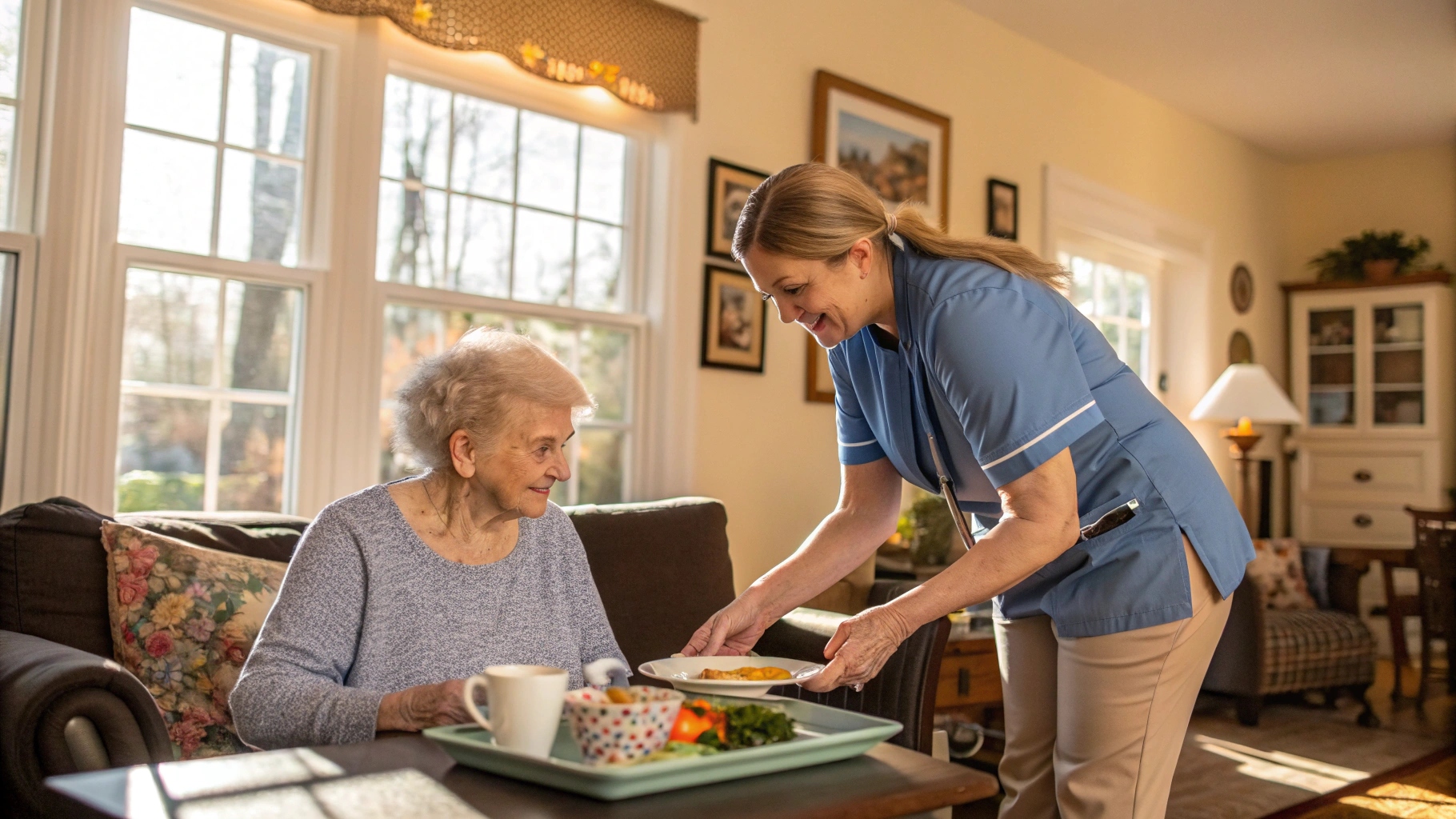 A smiling caregiver in a blue uniform serves a meal to an elderly woman sitting on a couch in a bright, cozy living room, highlighting compassionate in-home care and support.