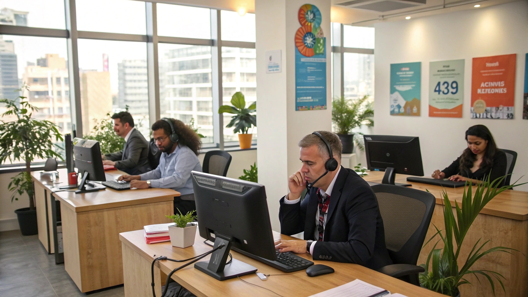Office professionals wearing headsets work at their computers in a modern, bright office with large windows and indoor plants, representing a collaborative virtual office administration team.