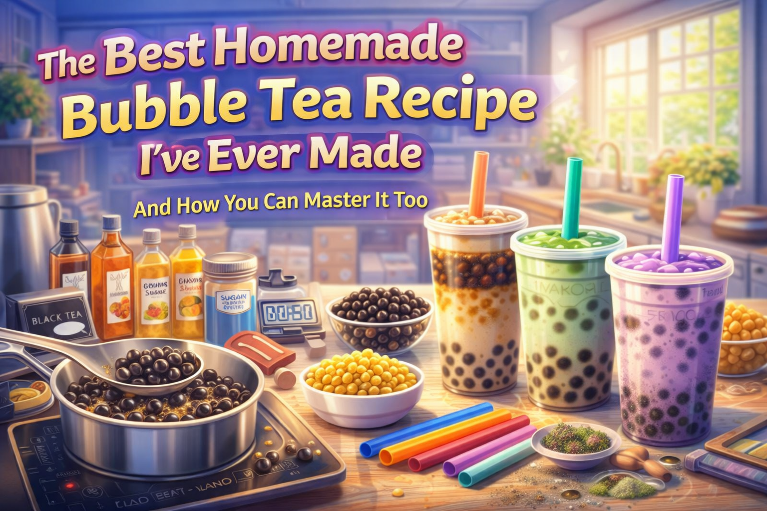 A digital illustration of a homemade bubble tea glass filled with tapioca pearls, ice, and milk tea, sitting on a kitchen counter with fresh ingredients and utensils, representing the DIY boba tea experience.