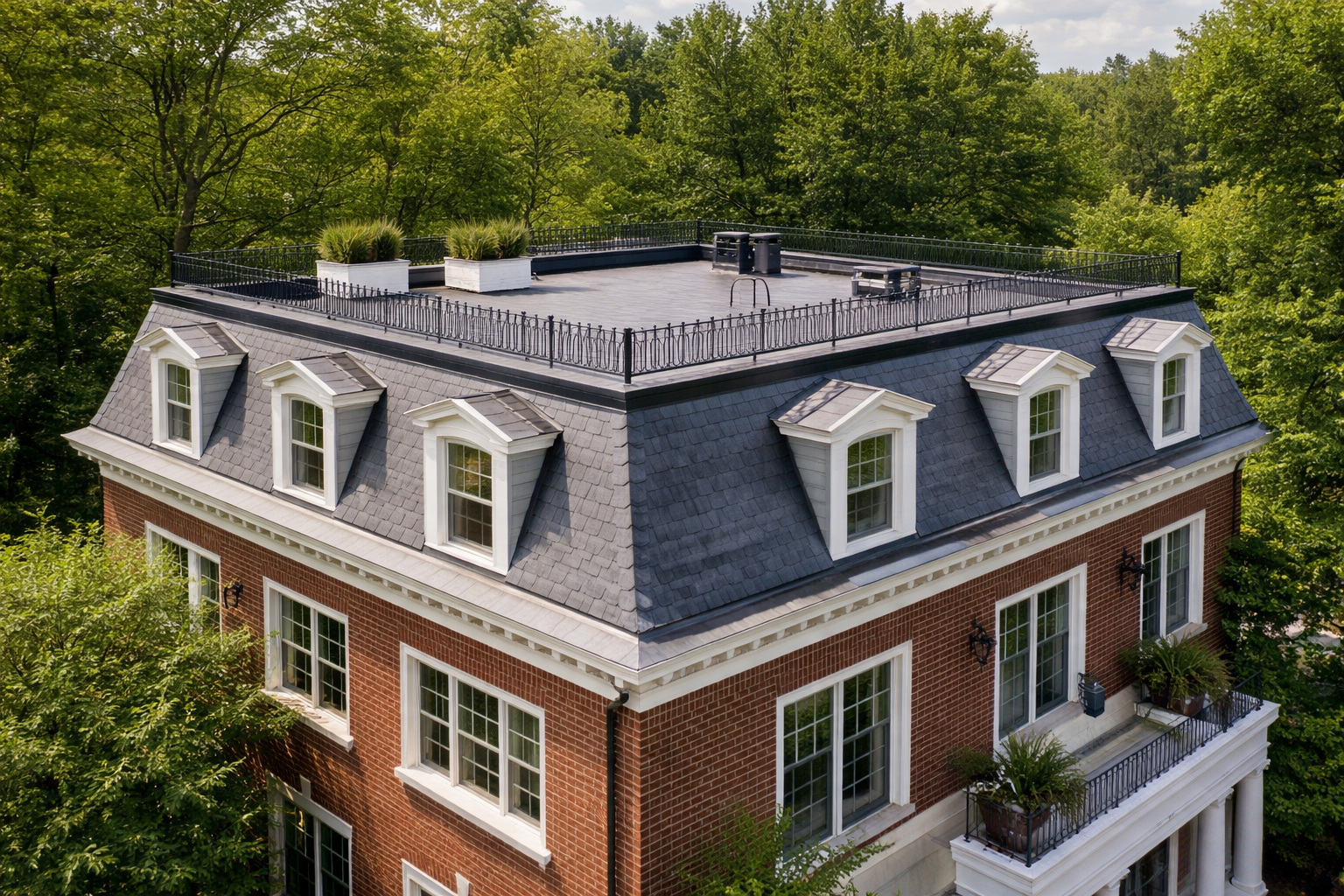 Mansard flat roof design featuring a flat top terrace with railing and dormer windows